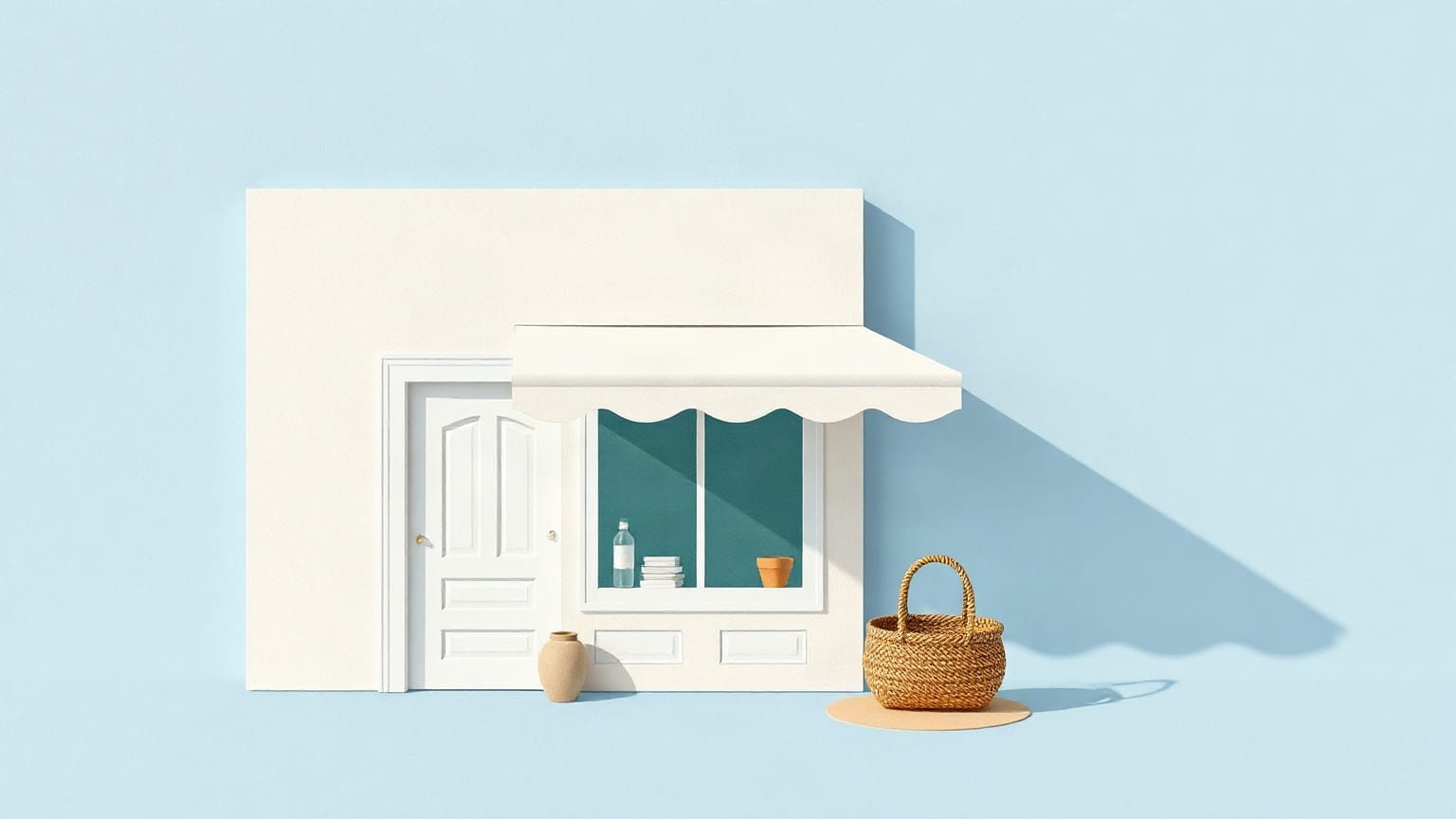A small chalk-white shopfront on a clear mid-blue ground with a pale sky awning and a sand-coloured basket beside it