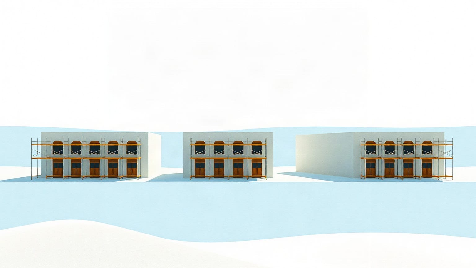 Three finished paper buildings with their scaffolding peeled away and folded beside them