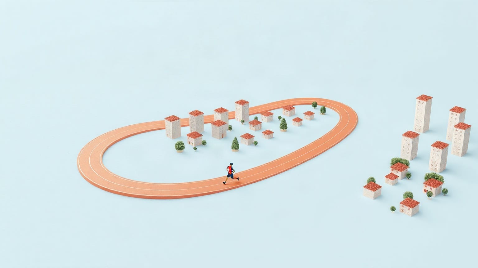 A running track looping through a field of low city blocks, seen from above