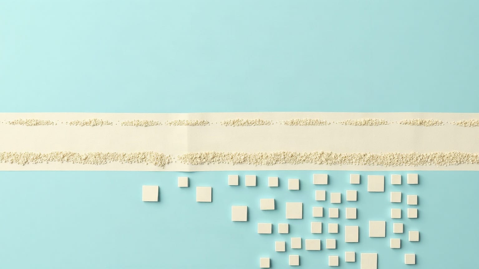 A pale road band crossing the frame between two textured edges, a dense field of small cream blocks below it, on pale blue