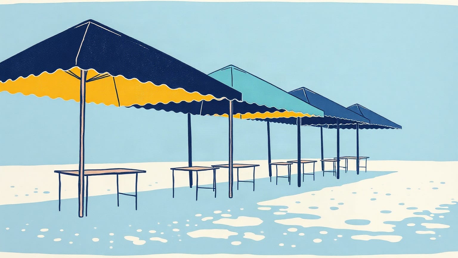 A row of blue and yellow market canopies with a low table under each, on pale blue