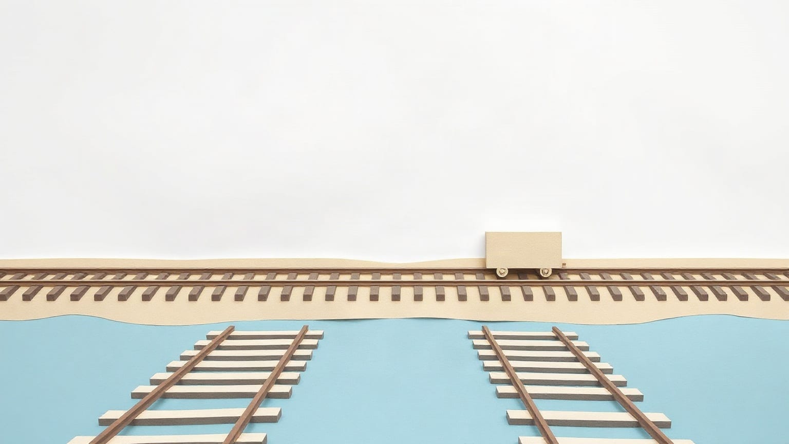 A chalk white paper line running the width of a mid-blue ground, two pale sky rectangles set on it at either end